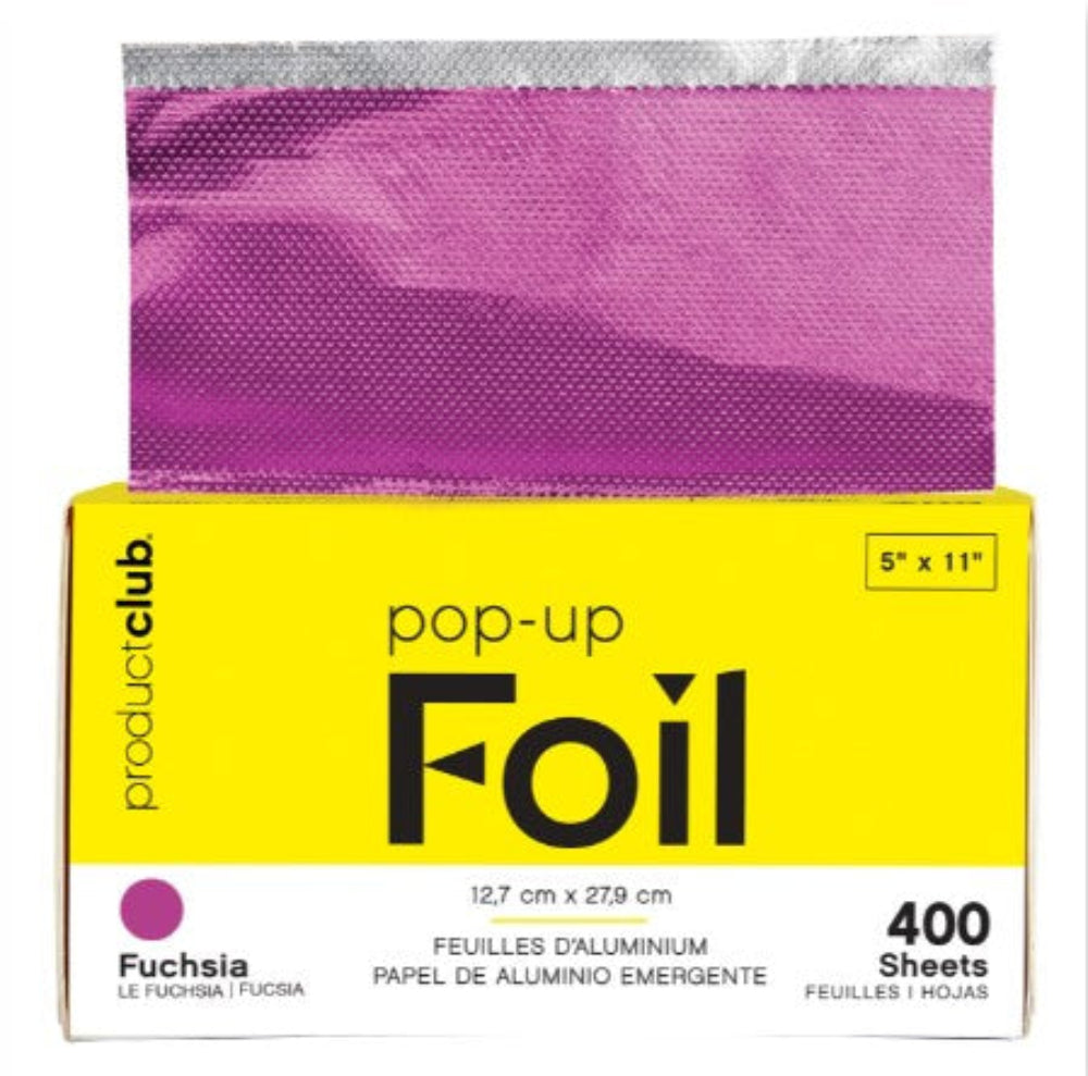 Product packaging for Product Club pop-up foil sheets in Fuchsia. The box is bright yellow with black text and a white bottom section, with a purple foil sheet partially pulled up through the top slot.