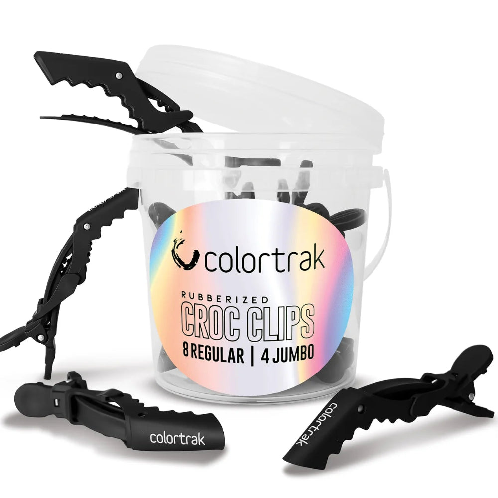 Colortrak croc clips with a white bucket on a white background