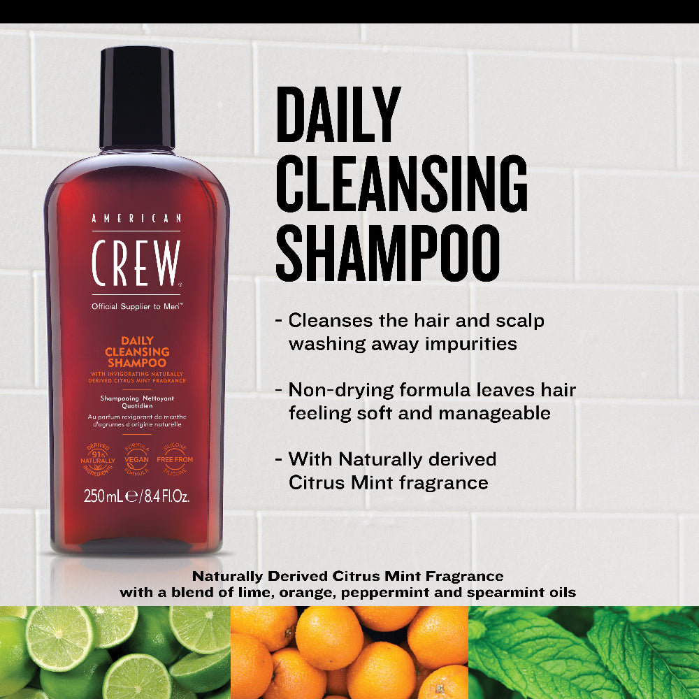 American Crew Daily Cleansing Shampoo bottle with product details and natural ingredients shown.