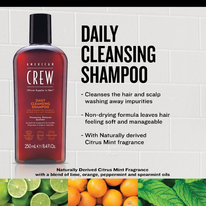 American Crew Daily Cleansing Shampoo bottle with product details and natural ingredients shown.