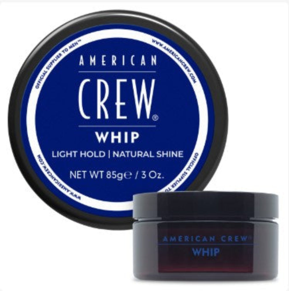 American Crew Whip container with blue lid and black base on a white background