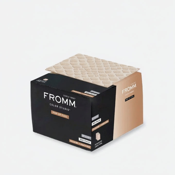 Box of FROMM color swatches with a textured beige sample on a light gray background