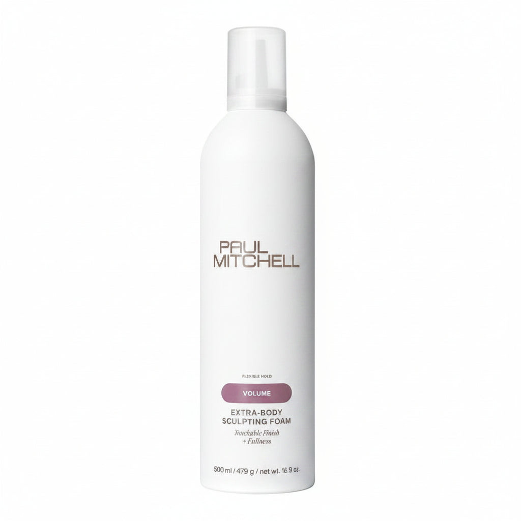 A white bottle of Paul Mitchell Volume Extra-Body Sculpting Foam on a plain white background.