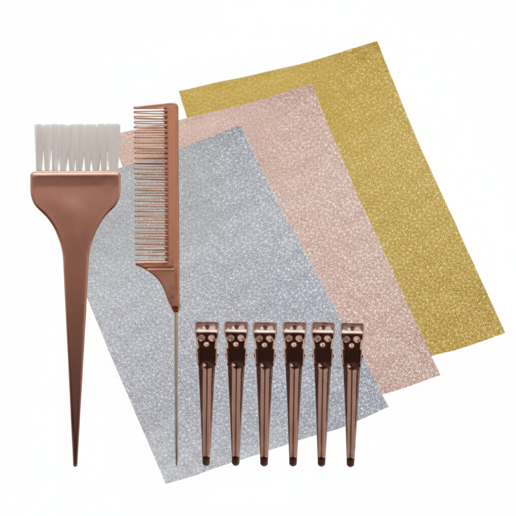 Hair color application set with a copper-toned brush, comb, and five matching applicator tools, arranged over three glitter color swatches in gold, pink, and silver on a white background.