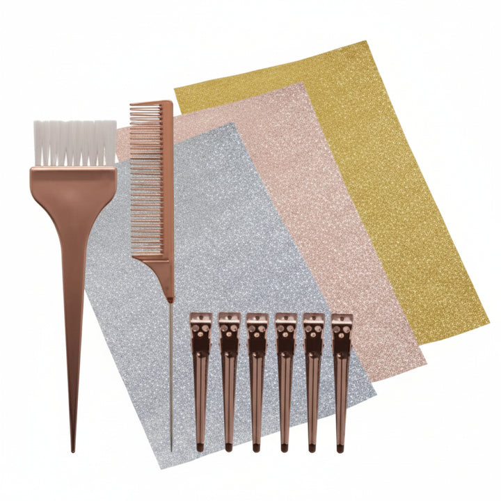 Hair color application set with a copper-toned brush, comb, and five matching applicator tools, arranged over three glitter color swatches in gold, pink, and silver on a white background.