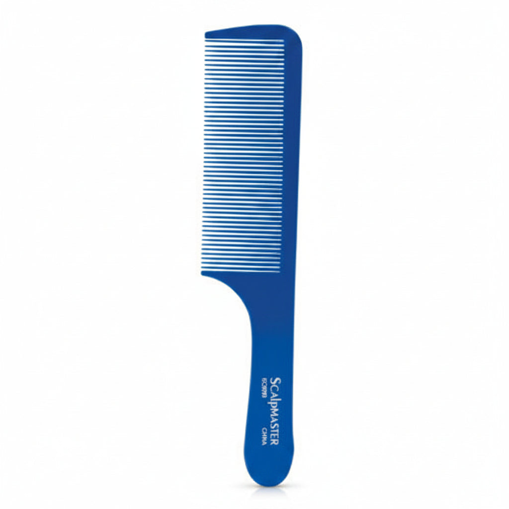 A blue plastic hair comb with fine teeth, featuring the 'Scalpers' brand name printed vertically on the handle, set against a plain white background.