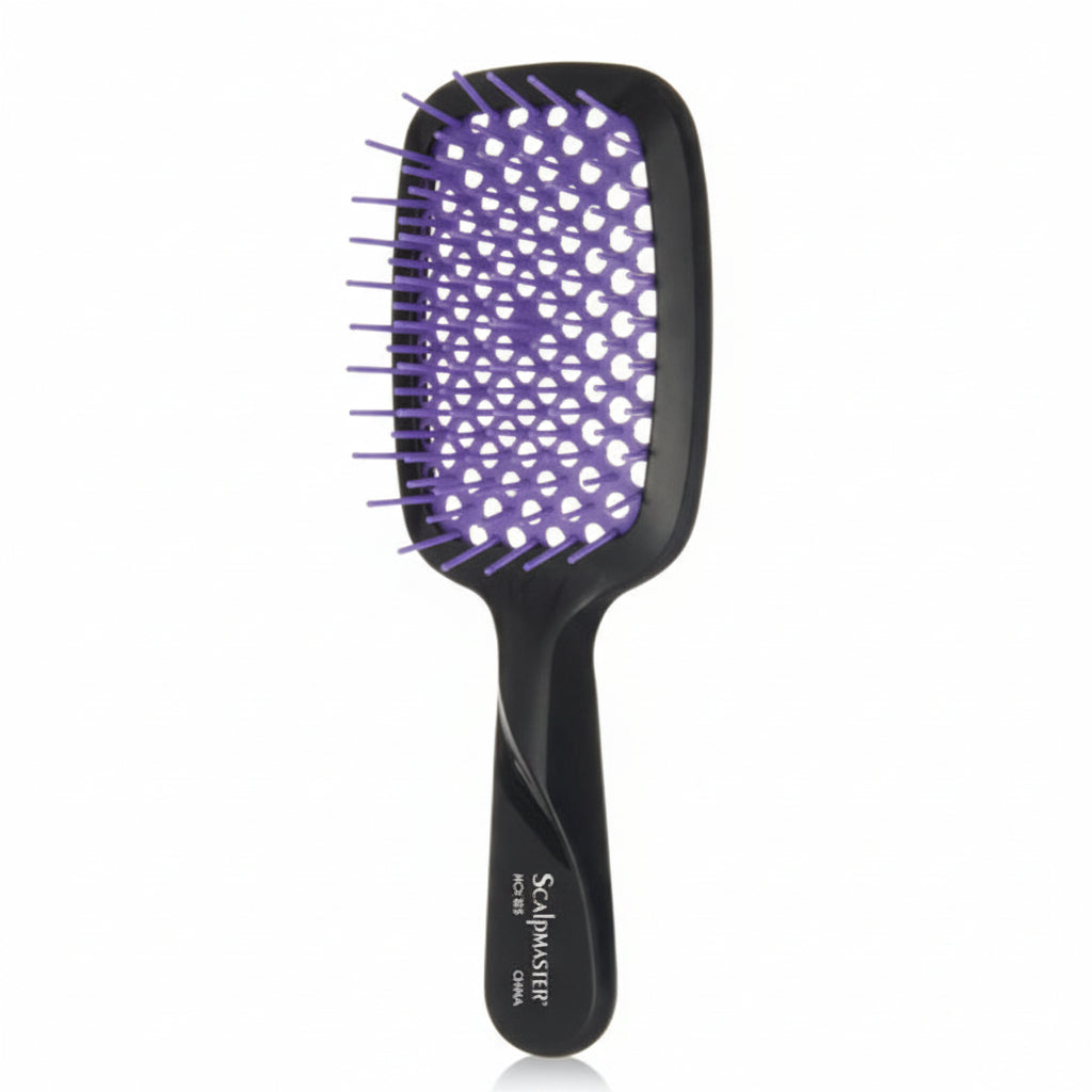 Black hairbrush with purple bristle head on a white background