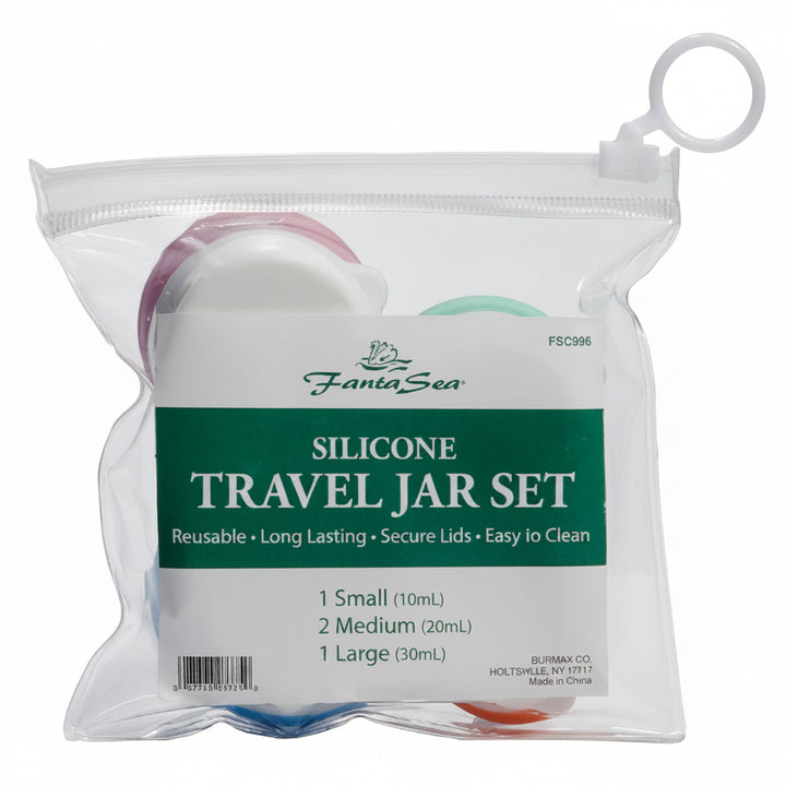 FantaSea Silicone Travel Jar Set in a clear resealable plastic bag with a white hanging loop. The set includes three round reusable jars in small, medium, and large sizes, visible through the transparent packaging.