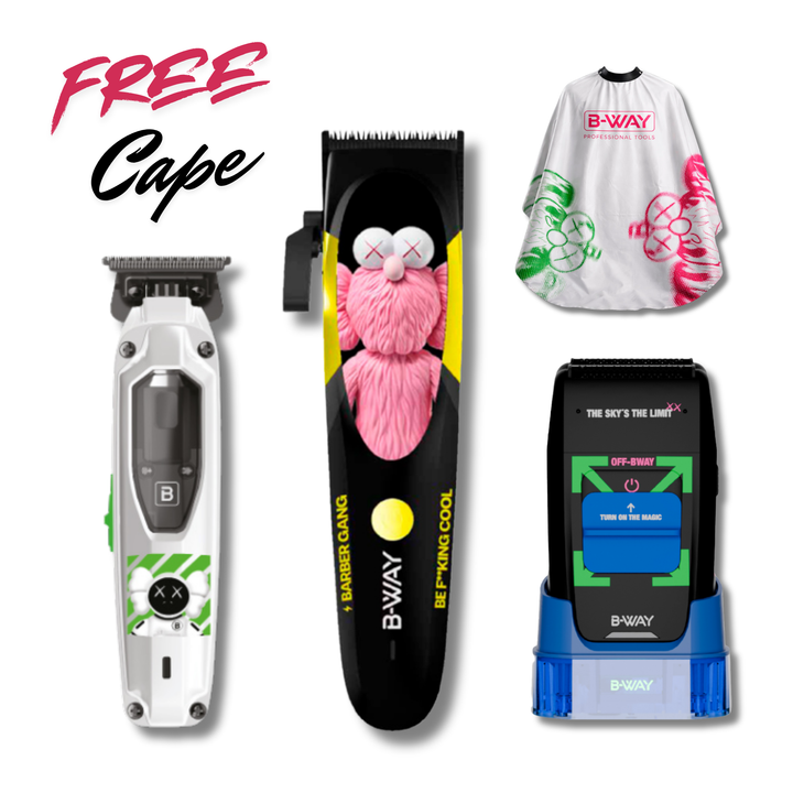 B-Way B10K Clipper, T-Pro Trimmer, Off-Shaver Black - 3 in 1 Set FREE CAPE
