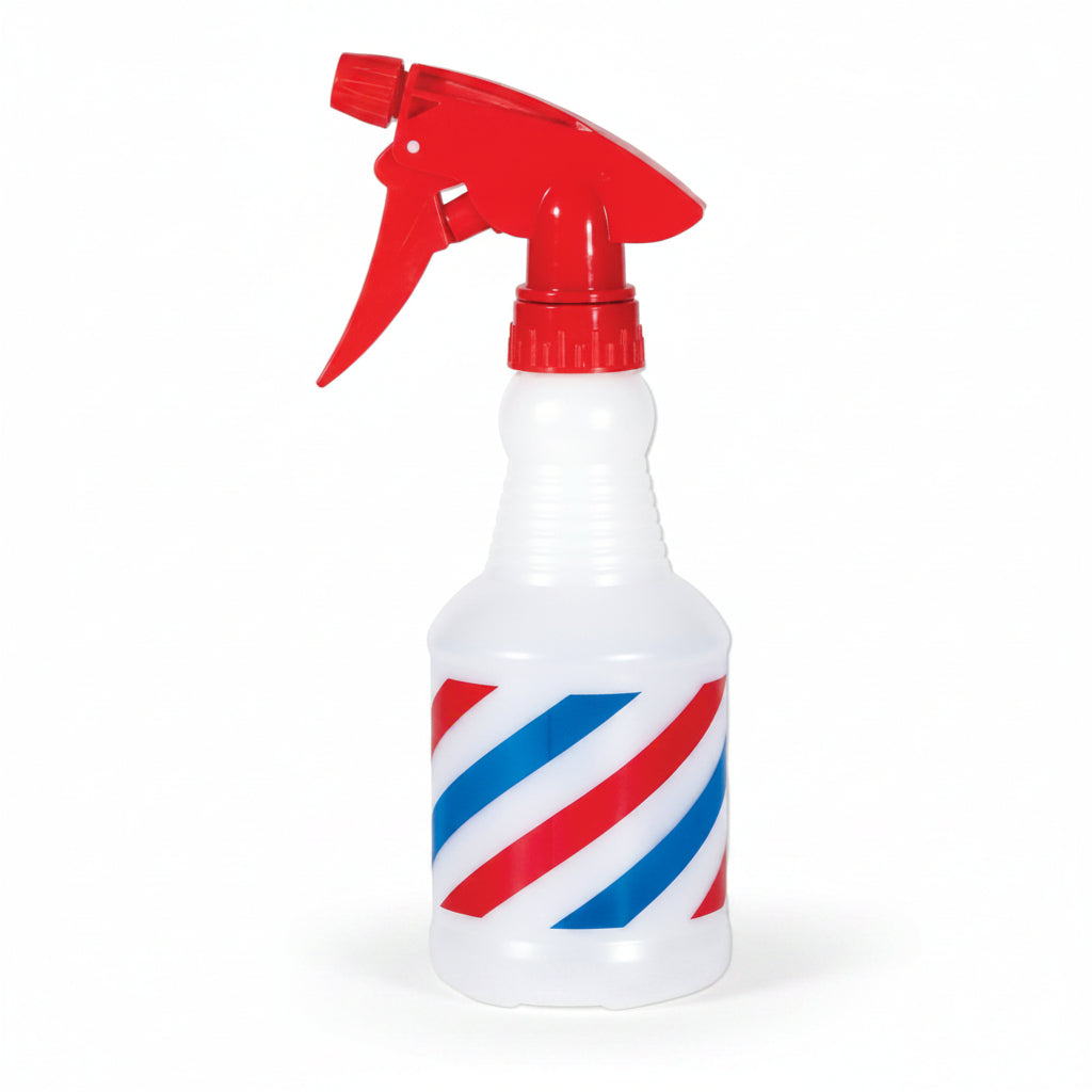 A white plastic spray bottle with a red trigger sprayer and red, white, and blue barber pole style stripes on the front, isolated on a white background.