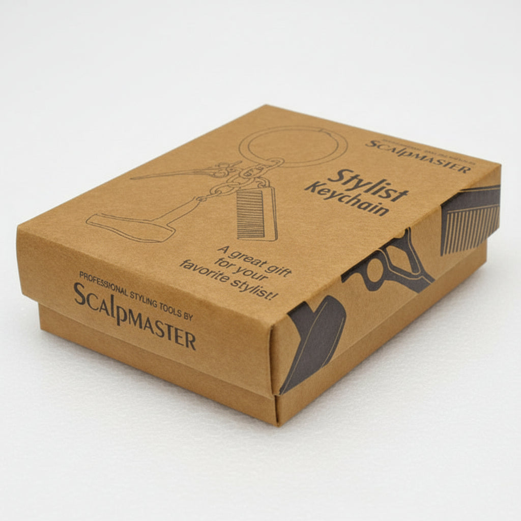 Kraft paper box with Scalpmaster branding and keychain illustration on a white background