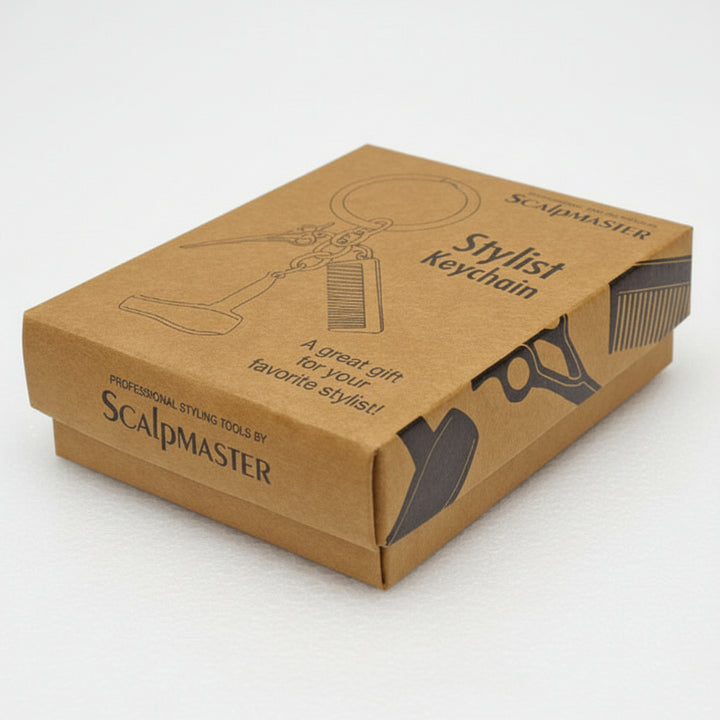 Kraft paper box with Scalpmaster branding and keychain illustration on a white background