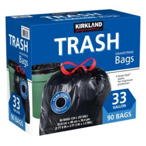 Kirkland 33 Gallon Drawstring Trash Bag, Black, 45 ct