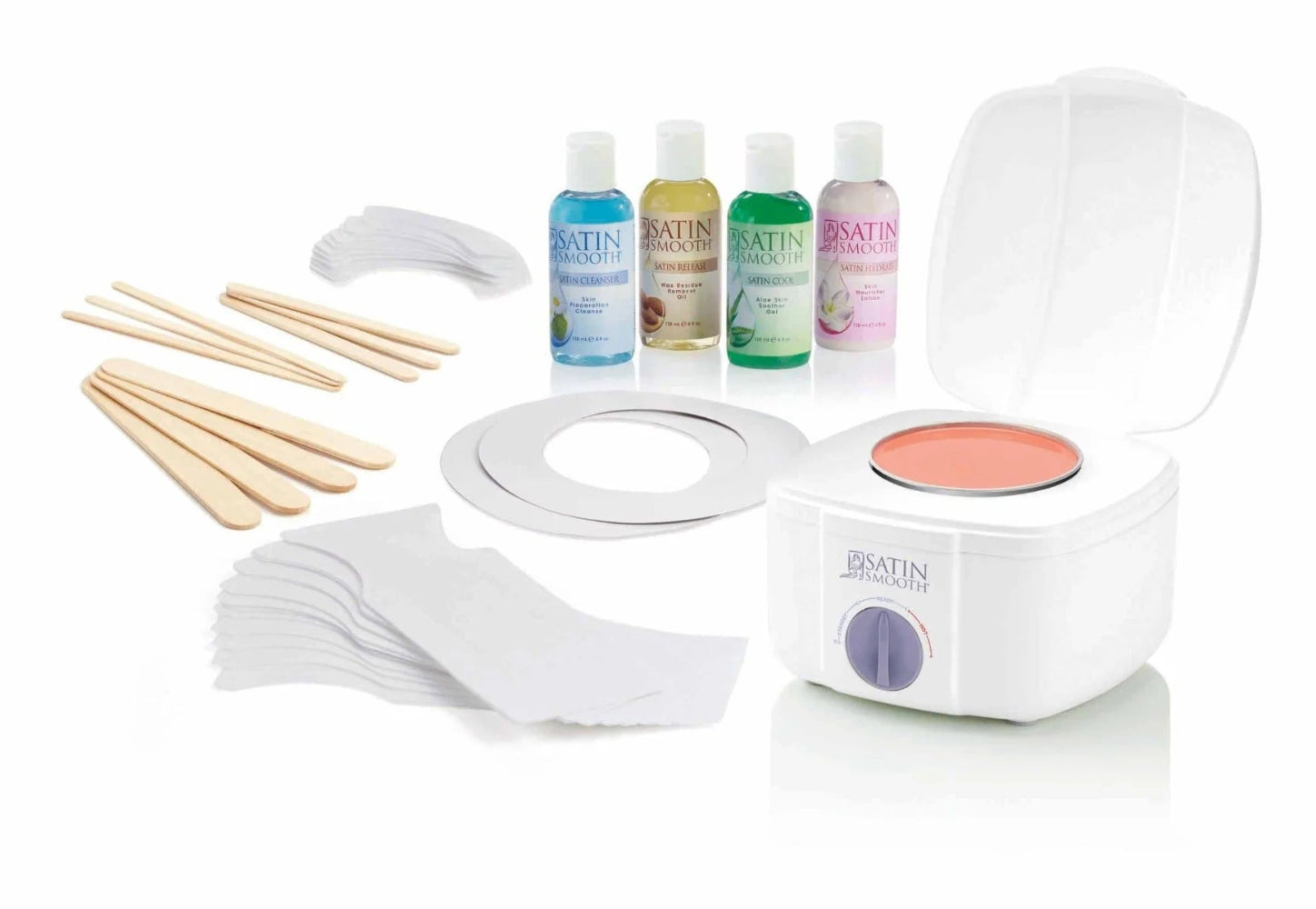 Manicure kit with nail polish bottles, lamp, and tools on a white background